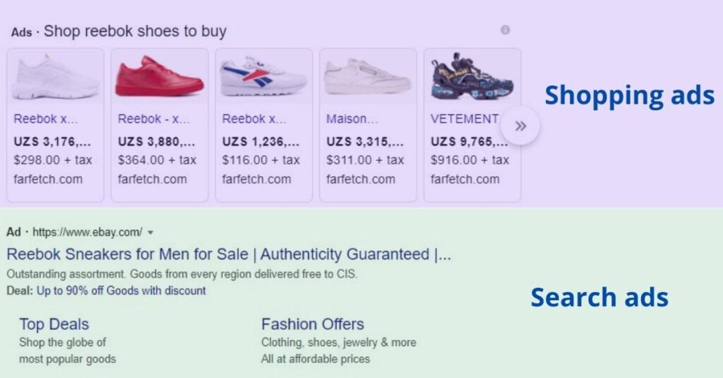 Google ads and shopping ads in the same picture