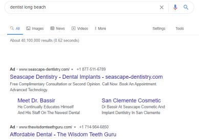 Google Paid Results List Example top of the results